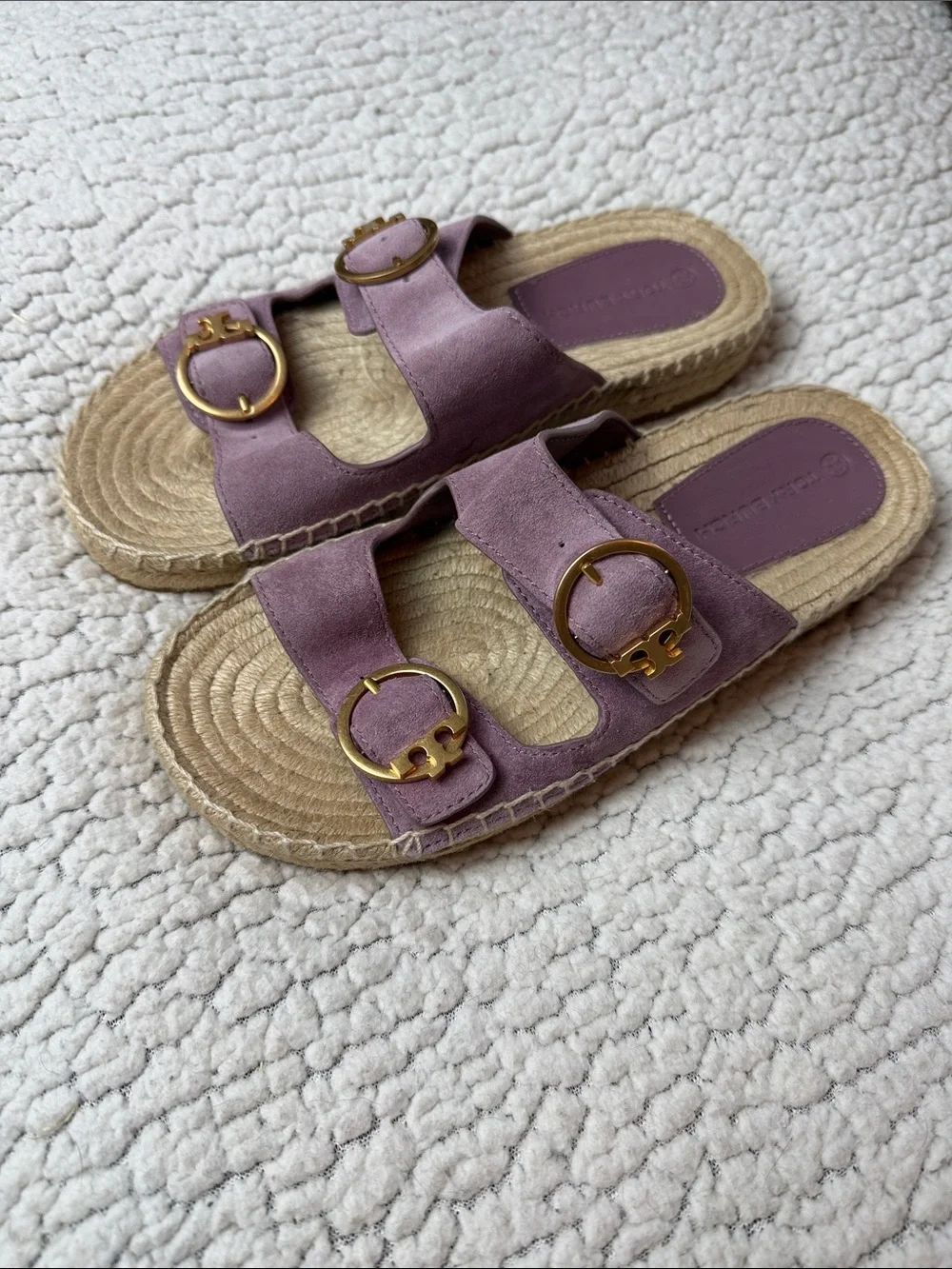 Tory Burch Lavender Suede Double-Buckle Slide Sandals